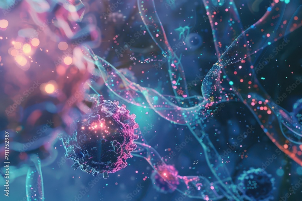 futuristic visualization of immunotherapy process within human body glowing immune cells targeting disease surrounded by abstract representations of dna and cellular structures futuristic visualization of immunotherapy process within human body glowing immune cells targeting disease surrounded by abstract representations of dna and cellular structures