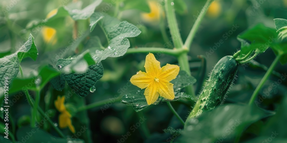 Miniature cucumber behind bright yellow female flower on cucumber vines Cucumis sativus Miniature cucumber behind bright yellow female flower on cucumber vines Cucumis sativus