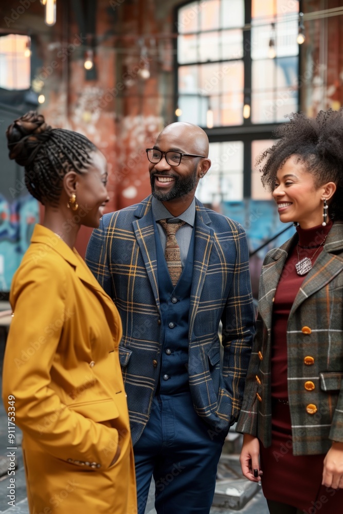 Obraz premium Three African American business professionals converse at an informal event in a modern, industrial style office