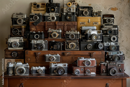 Eclectic collection of vintage cameras on display