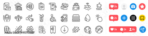 Global business, Money and Edit statistics line icons pack. Social media icons. Leaf dew, Fitness app, Energy inflation web icon. Refrigerator, Touchpoint, Home charging pictogram. Bureaucracy. Vector