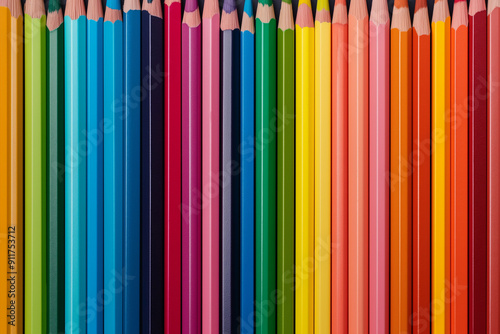 Colorful, vibrant, perfectly aligned, sharpened colored pencils, back to school, stationary, art supplies, copy space, background concept