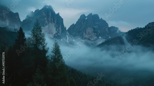 Fototapeta Naklejka Na Ścianę i Meble -  Mist over the mountains in Dolomites.