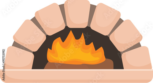 Traditional stone oven burning wood fire for baking bread, pizza and other food