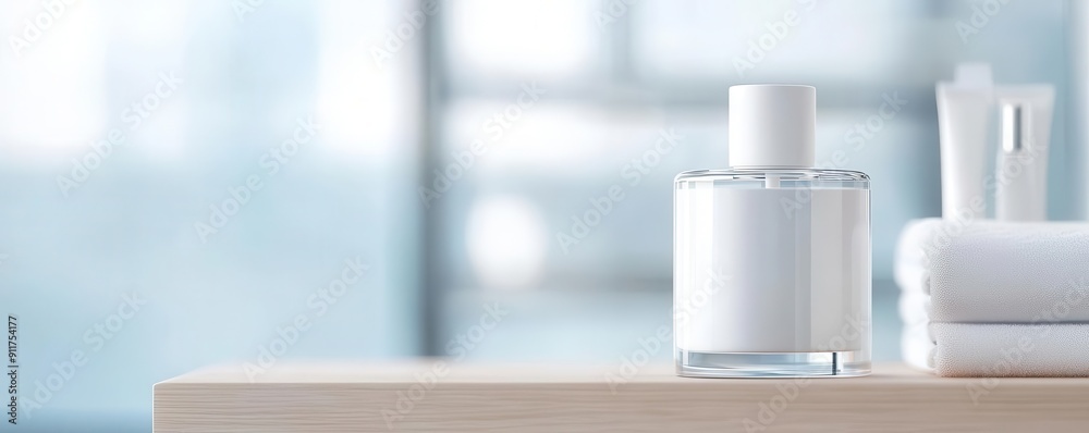 White bottle of lotion on a wooden surface with a blurry background. White bottle of lotion on a wooden surface with a blurry background.