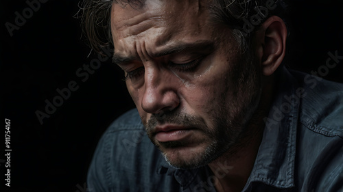 man suffering from depression looking down on black background
