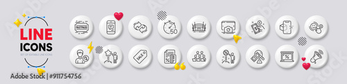 Phone photo, Market and Customer satisfaction line icons. White buttons 3d icons. Pack of Arena stadium, Augmented reality, Star icon. Timer, Search people, Fraud pictogram. Vector