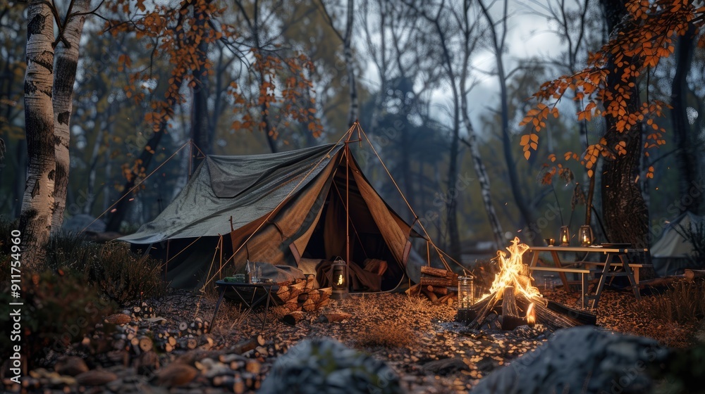Tourist camp with fire, tent and firewood. Tourist camp with fire, tent and firewood.