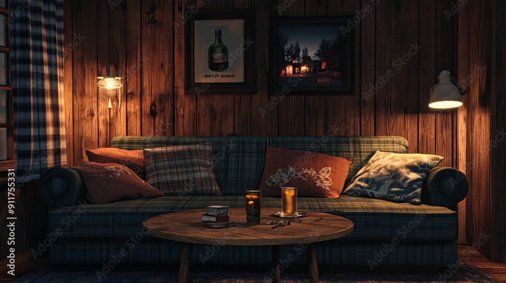 A cozy living room with a comfy couch and a small table for drinks. A cozy living room with a comfy couch and a small table for drinks.