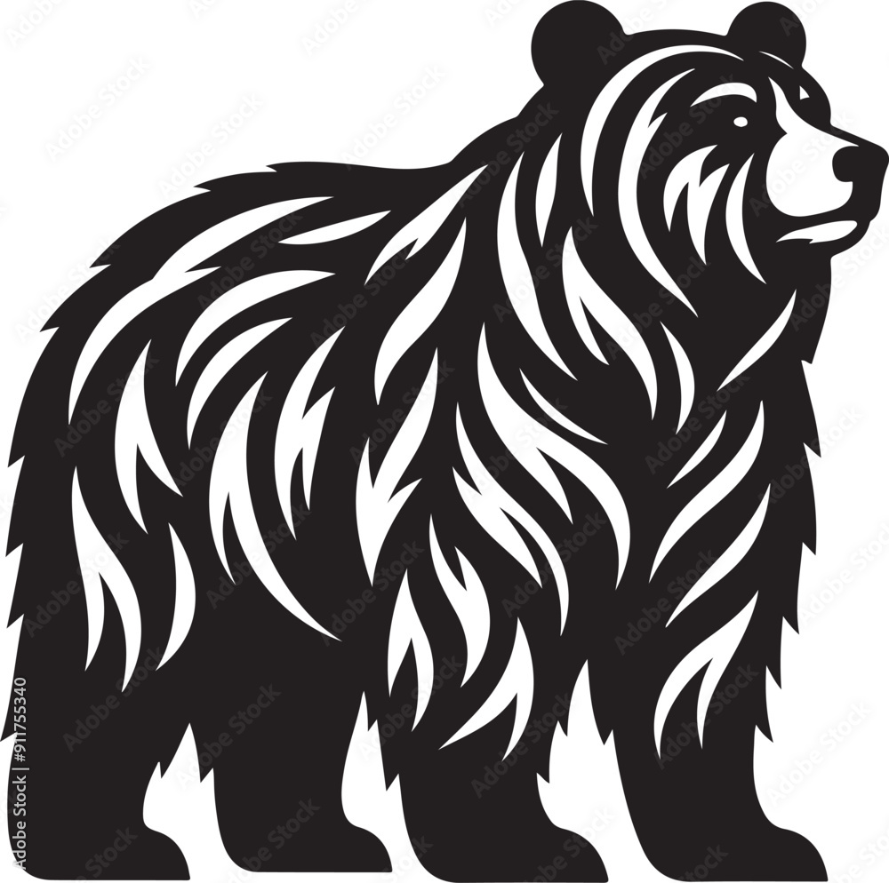 Fototapeta premium Grizzly bear vector illustration, black and white wildlife mascot, standing forest animal silhouette, woodcut style bear icon for outdoor branding and nature logos, EPS graphic asset