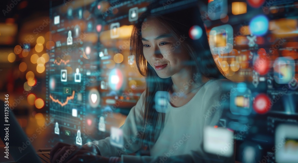Young woman smiling while working at a computer with social media icons in a modern office setting Young woman smiling while working at a computer with social media icons in a modern office setting