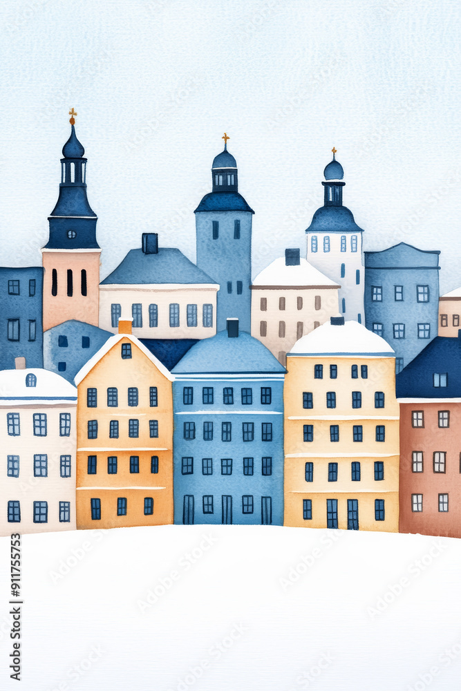 A charming watercolor illustration of a European cityscape in winter, perfect for holiday-themed designs and travel inspiration