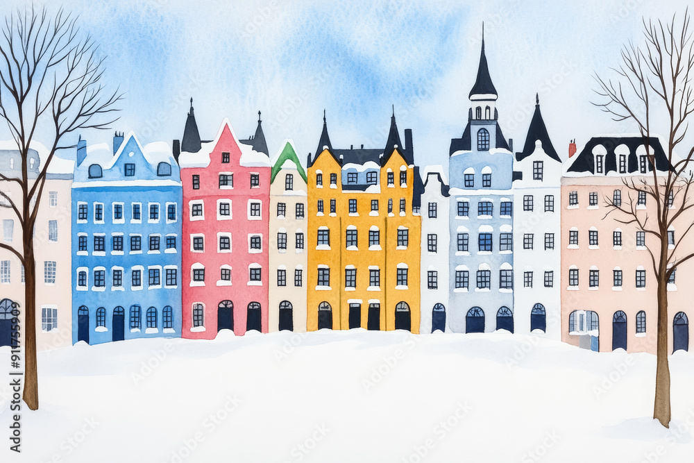 Fototapeta premium Watercolor illustration of colorful European buildings in a snowy winter landscape, perfect for Christmas holiday-themed designs