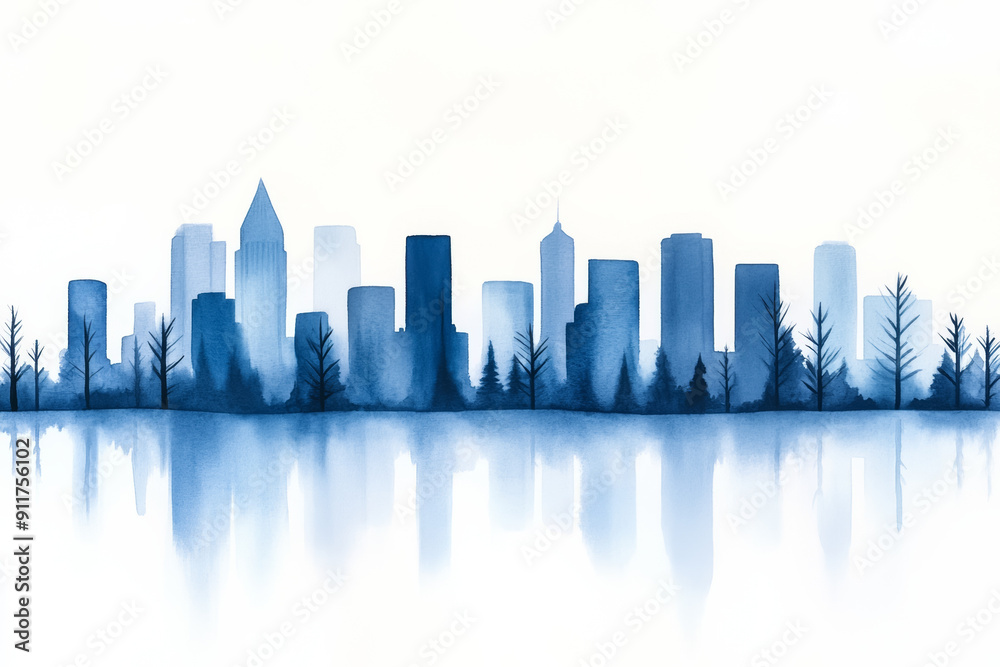 Watercolor city skyline with trees reflecting in calm water, illustrating urbanization and environmental impact Watercolor city skyline with trees reflecting in calm water, illustrating urbanization and environmental impact