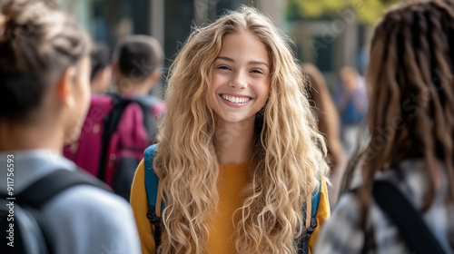 Wallpaper Mural A smiling teacher greeting students at the school entrance, welcoming them to the first day of school Torontodigital.ca