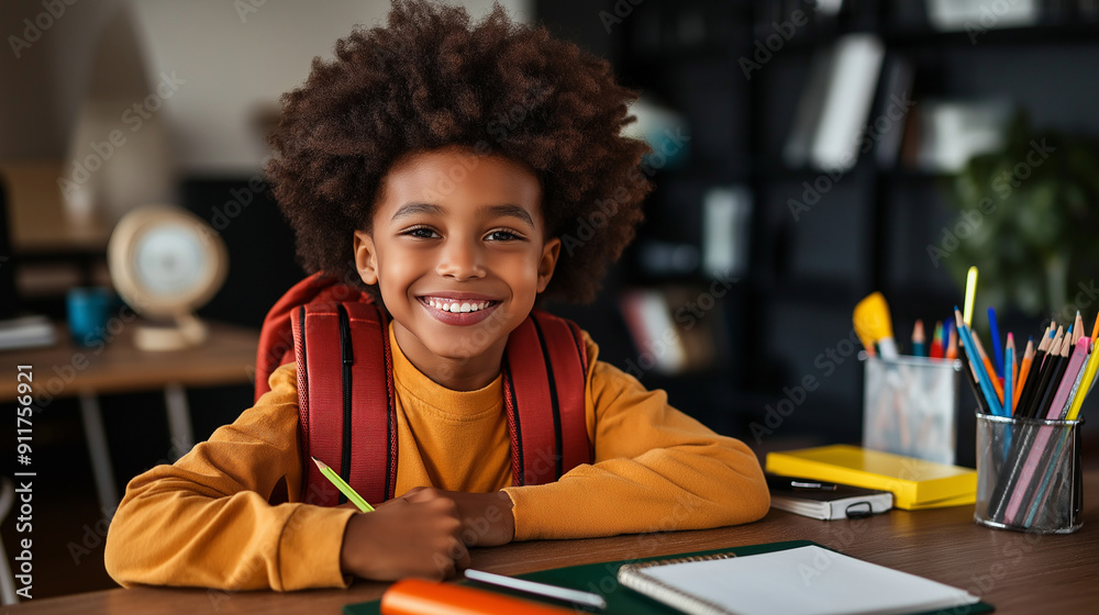 Schoolchild showing off their new backpack and supplies at their desk Schoolchild showing off their new backpack and supplies at their desk