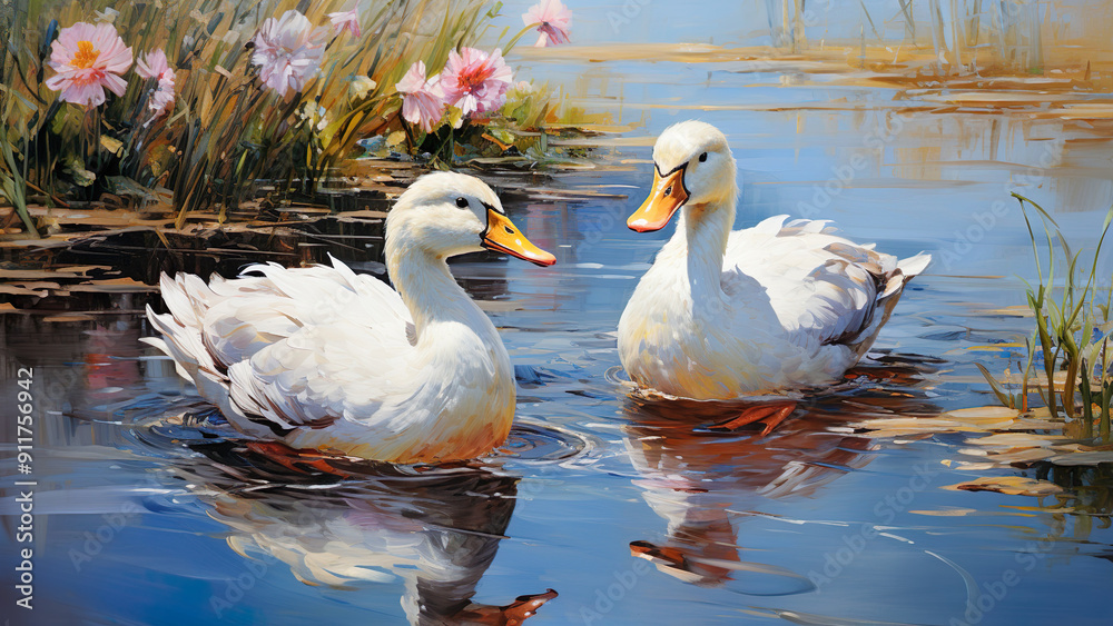 Ducks - ducks, water, swimming, nature, pond, reflection, flowers, greenery, outdoors, wildlife, birds, wetland, peaceful, serene, white ducks Ducks - ducks, water, swimming, nature, pond, reflection, flowers, greenery, outdoors, wildlife, birds, wetland, peaceful, serene, white ducks