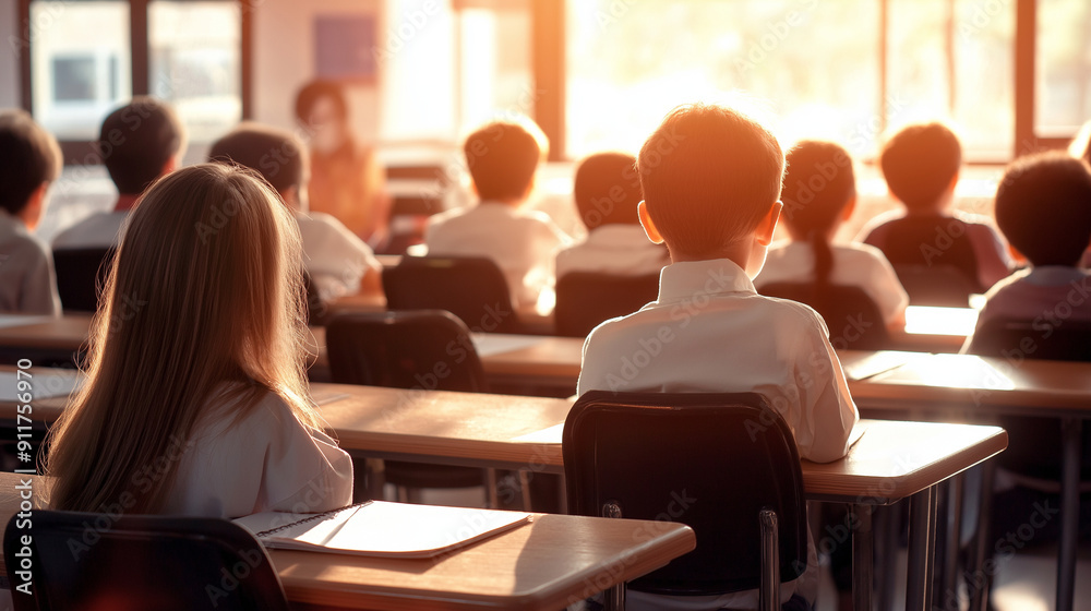 Obraz premium Schoolchildren sitting at desks, attentively listening to their teacher