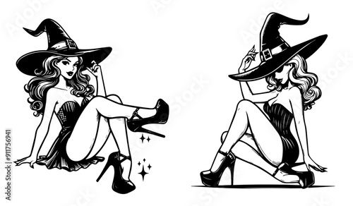 collection of pin up girl illustrations in halloween witch hat vector graphics set