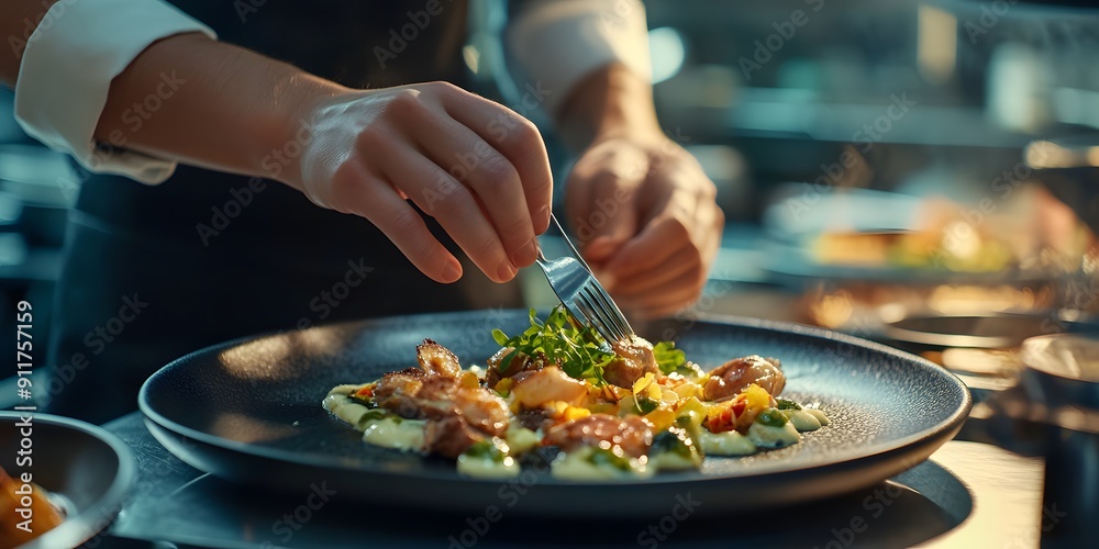 Modern food stylist decorating meal, Restaurant serving Modern food stylist decorating meal, Restaurant serving