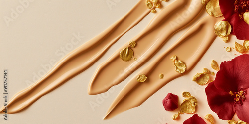 Foundation streaks with gold flakes and red petals, showcasing beauty and elegance concept