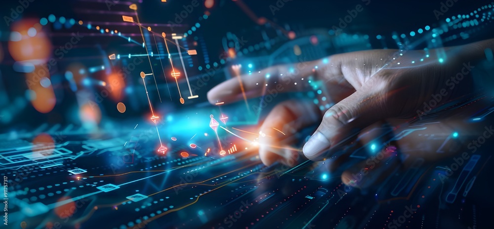 Businessman touching a financial graph with a stock market chart and business growth concept on a virtual screen background, a close up view of a hand touching and a finger pointing at a glowing line. Businessman touching a financial graph with a stock market chart and business growth concept on a virtual screen background, a close up view of a hand touching and a finger pointing at a glowing line.