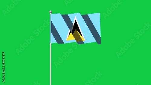 4K SAINT LUCIA flag old animation with pole waving on chroma key green screen