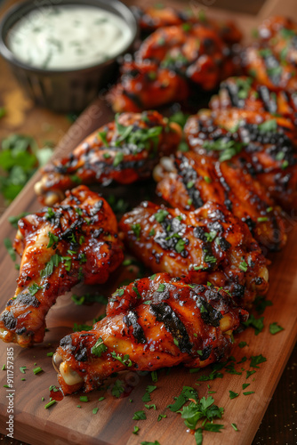 perfectly grilled texas bbq chicken wings marinated in a spicy rub served with fresh herbs and delicious dipping sauces