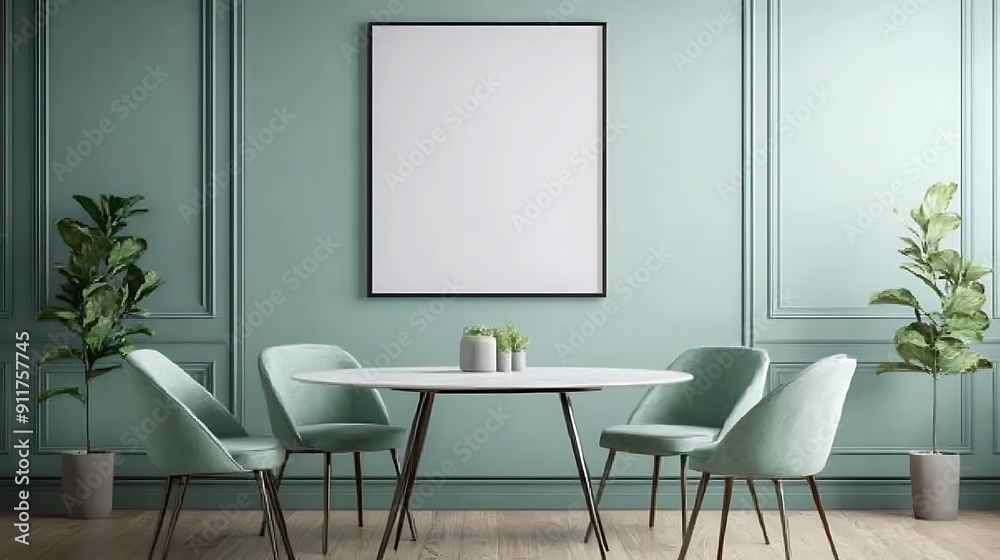 BLANK FRAMED CANVAS MOCKUP, LIVING ROOM, TABLE AND CHAIRS, LIGHT GREEN ACCENT DECOR BLANK FRAMED CANVAS MOCKUP, LIVING ROOM, TABLE AND CHAIRS, LIGHT GREEN ACCENT DECOR