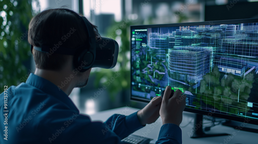 Consultant in VR setup, analyzing comprehensive energy efficiency data within a virtual 3D model of a complex building structure Consultant in VR setup, analyzing comprehensive energy efficiency data within a virtual 3D model of a complex building structure