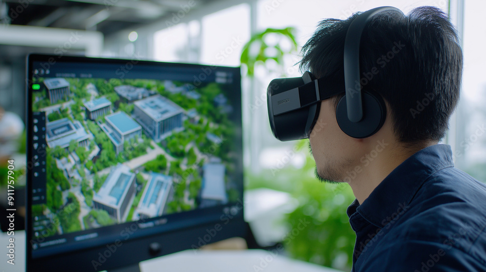 Consultant engaged in a VR-based energy audit, exploring detailed 3D visualizations of building energy performance and optimization strategies Consultant engaged in a VR-based energy audit, exploring detailed 3D visualizations of building energy performance and optimization strategies