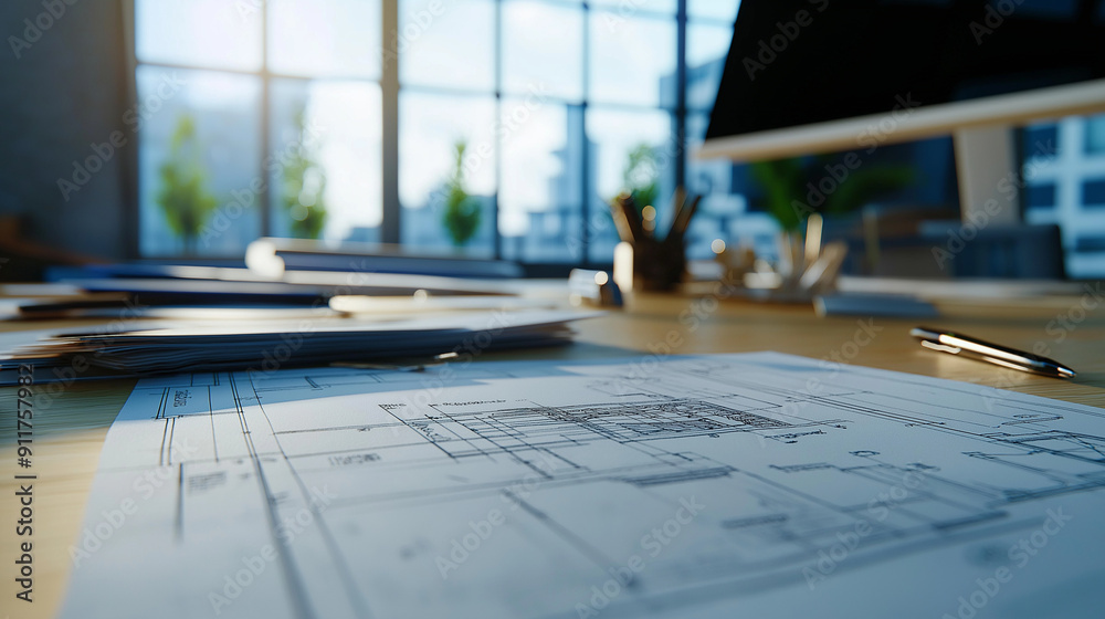 Detailed construction blueprints with annotations for sustainable building practices, reviewed by architects and engineers in a modern office Detailed construction blueprints with annotations for sustainable building practices, reviewed by architects and engineers in a modern office