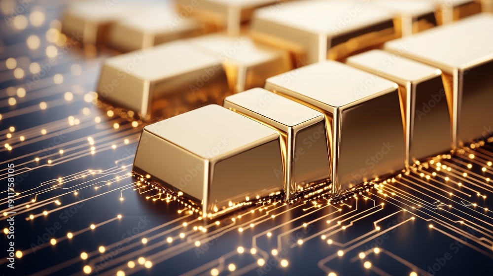 Holographic gold market trends, neon circuit patterns, modern finance, selective focus on foreground, copy space for text, ultra HD, Holographic gold market trends, neon circuit patterns, modern finance, selective focus on foreground, copy space for text, ultra HD,