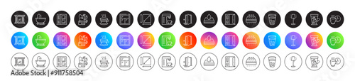 Coffee cup, Coffee machine and Open door line icons. Round icon gradient buttons. Pack of Stand lamp, Door, Window icon. Bath, Entrance, Waterproof mattress pictogram. Vector