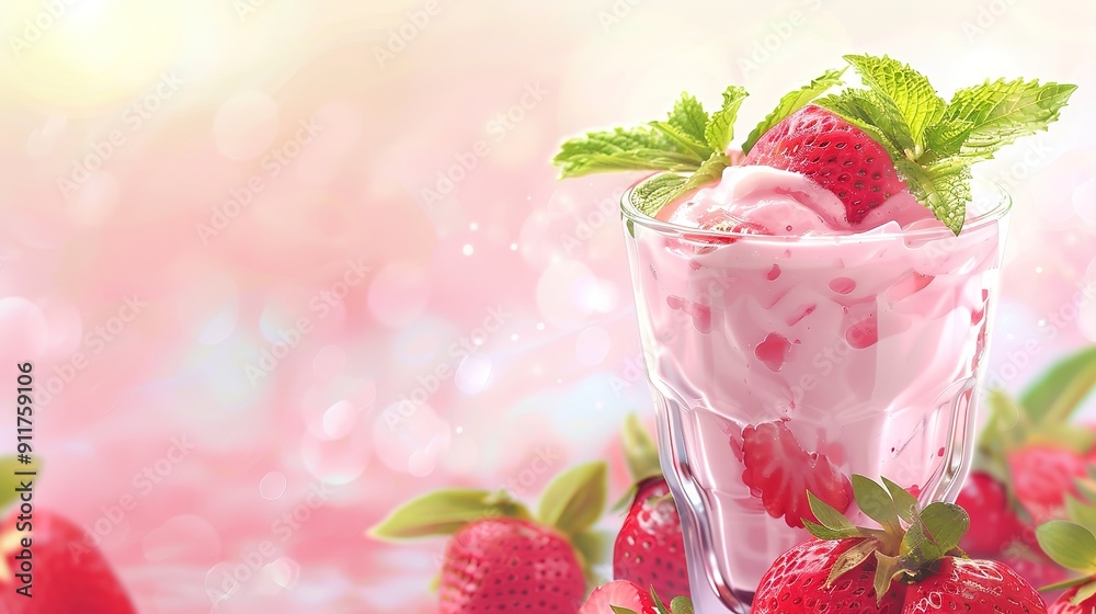 Strawberry Yogurt Smoothie, Decorate the beautiful glass with big strawberries and mint leaves.