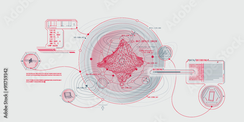 Futuristic geoscience HUD interface design with data decoding.