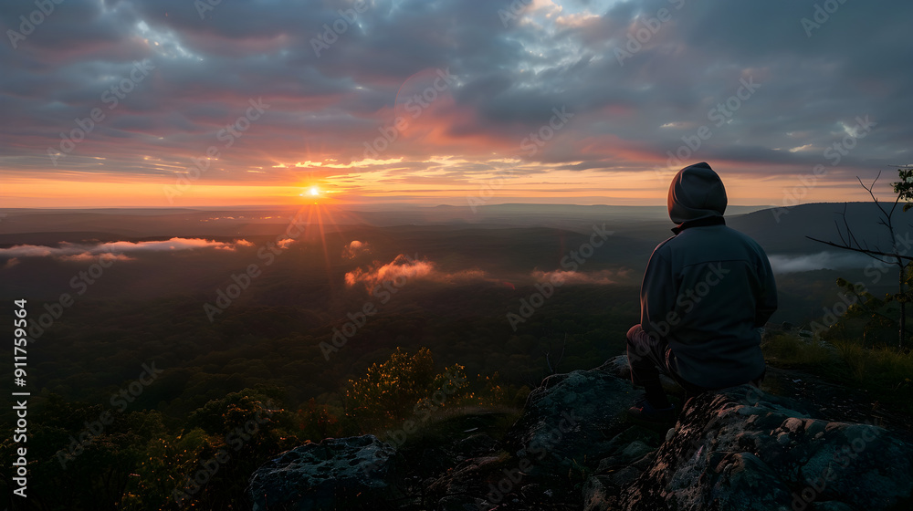 A person gazing at the sunrise from the top of a mountain, enjoying nature's beauty. A person gazing at the sunrise from the top of a mountain, enjoying nature's beauty.