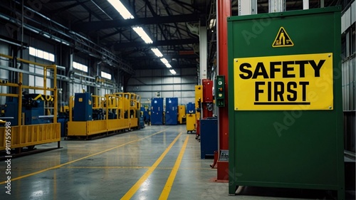 Safety first Warning sign. Danger. Work safely inside industrial plants. Mandatory to wear safety equipment. The machine is working.