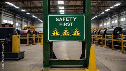 Safety first factory Inside the industrial factory, warning signs prevent danger. Prevent accidents from forklifts, trucks, electric shocks, etc.
