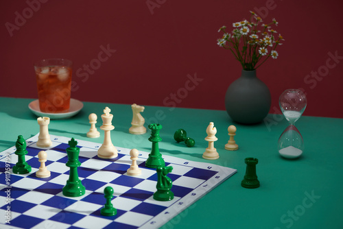 Chessboard with Pieces, Hourglass, and Iced Tea on Green Table photo