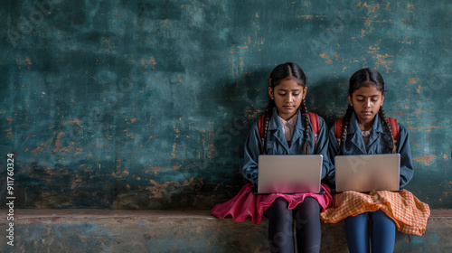 Closeup Indian school girls using laptop for learning in classroom during lesson