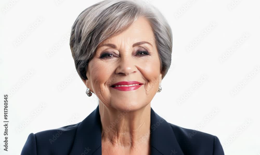 Close-up portrait video of a pleased, woman in her 50s wearing a sleek suit against a white background Close-up portrait video of a pleased, woman in her 50s wearing a sleek suit against a white background