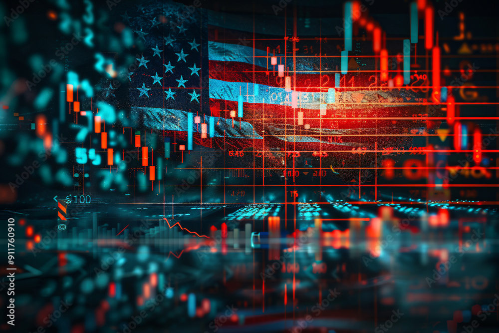 Fototapeta premium Double exposure illustration of stock charts and the American flag depicting the US stock market