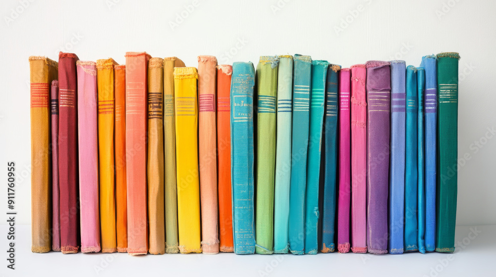 A vibrant stack of books in a rainbow of colors fills the frame, contrasting beautifully against the white background. A vibrant stack of books in a rainbow of colors fills the frame, contrasting beautifully against the white background.