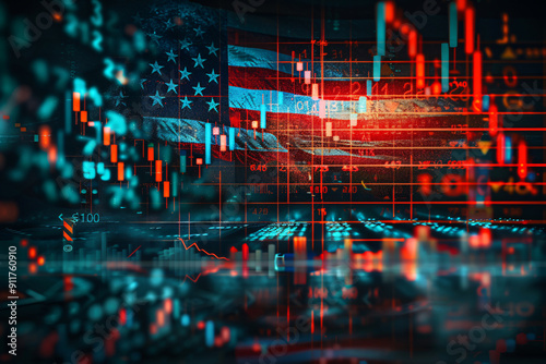 Double exposure illustration of stock charts and the American flag depicting the US stock market