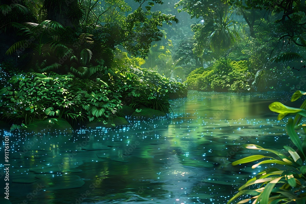 A serene forest with glowing bioluminescent plants, lush green foliage, and a clear river reflecting the moonlight, creating an ethereal atmosphere. A serene forest with glowing bioluminescent plants, lush green foliage, and a clear river reflecting the moonlight, creating an ethereal atmosphere.
