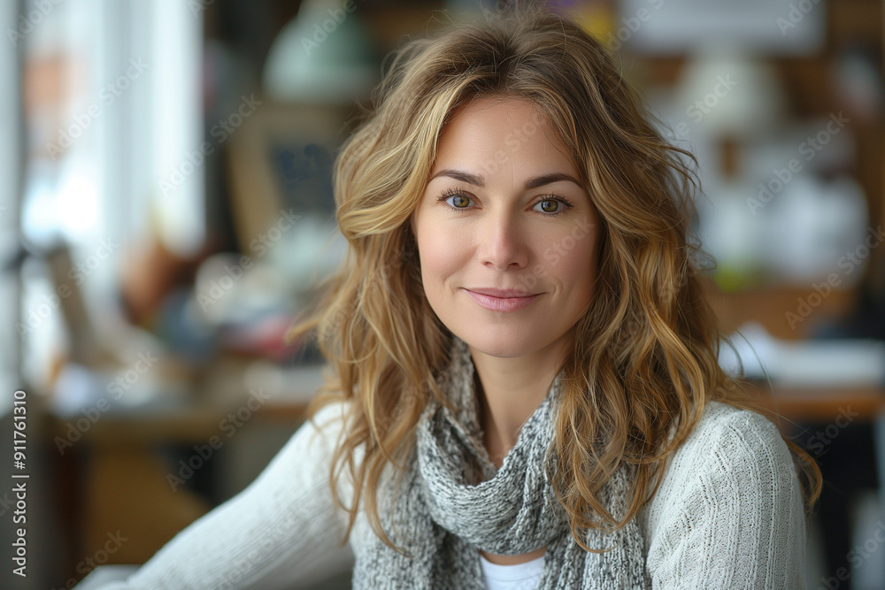 A beautiful woman with light brown hair and natural highlights is dressed professionally while working remotely at her desk in a clean, modern office A beautiful woman with light brown hair and natural highlights is dressed professionally while working remotely at her desk in a clean, modern office