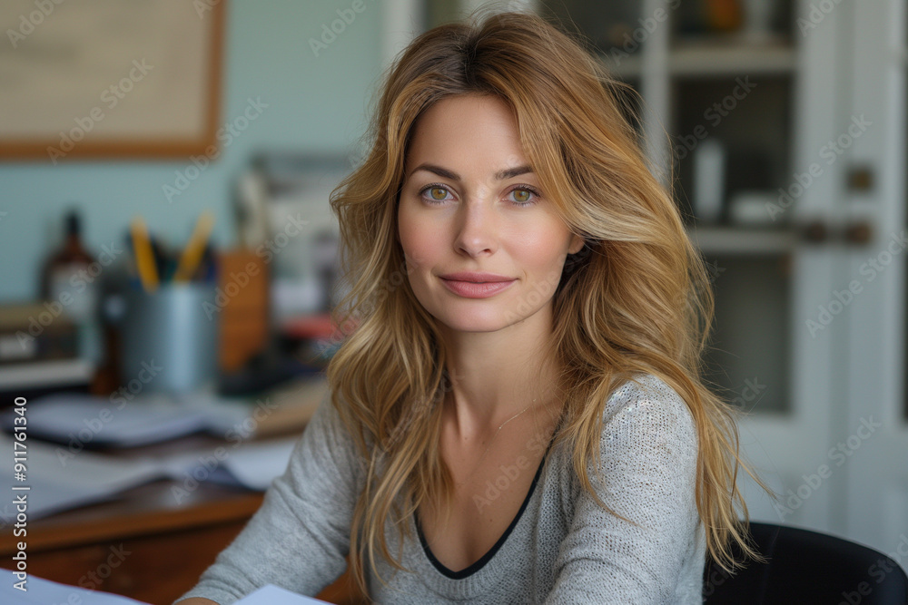 A beautiful woman with light brown hair and natural highlights is dressed professionally while working remotely at her desk in a clean, modern office