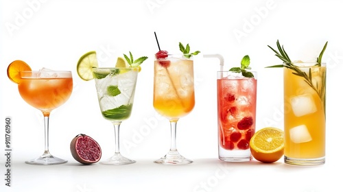 Refreshing summer cocktails for any occasion, from strong to light. Perfect for a cocktail party, set against a white background.