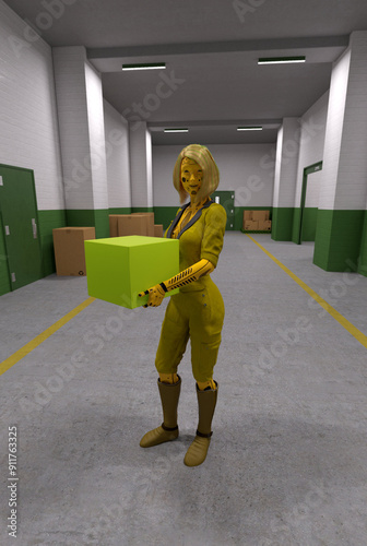 A yellow female robot holding a green box, standing in a warehouse. 3D illustration. 